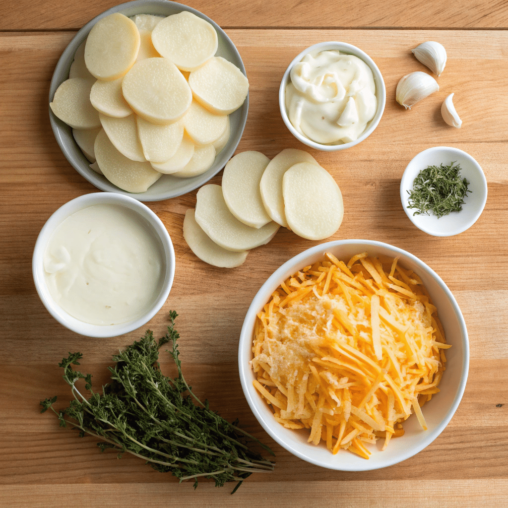 Cheesy Potatoes Gratin: The Ultimate Comfort Food Guide 3 Sliced Yukon Gold potatoes, shredded cheese, cream, and seasonings on a wooden kitchen counter.