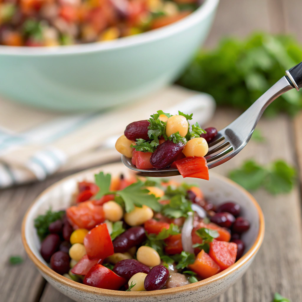 a fork holding a bite of colorful bean salad with - 7 Bean Salad: A Healthy and Flavorful Protein-Packed Dish