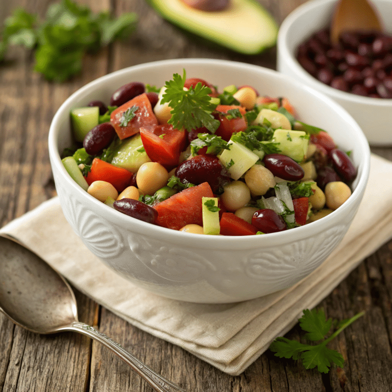 A colorful bean salad with fresh vegetables in a bowl.