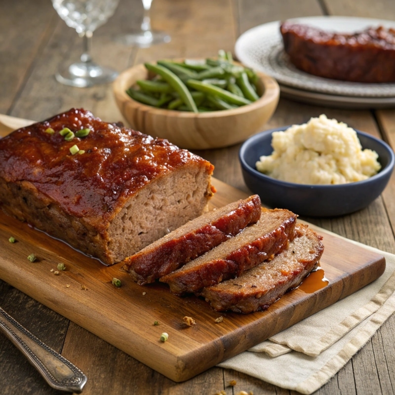 Juicy and Tender Sliced Meatloaf Freshly baked and sliced meatloaf served on a wooden board with mashed potatoes.