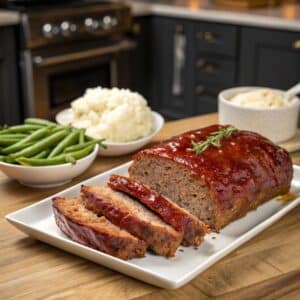 Classic Meatloaf: The Best Homemade recipe 2 Classic homemade meatloaf sliced on a plate with mashed potatoes and green beans.
