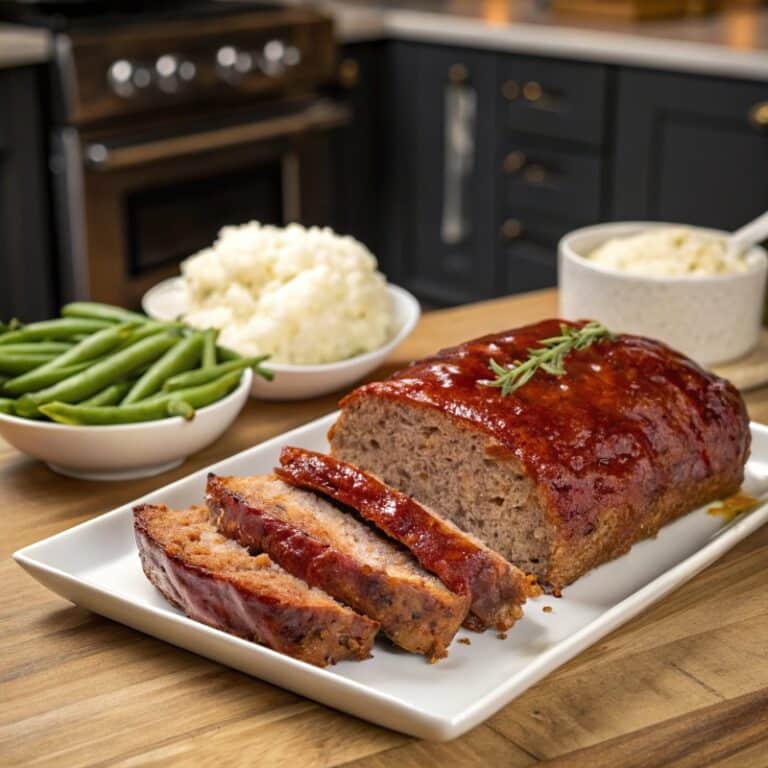 Classic homemade meatloaf sliced on a plate with mashed potatoes and green beans.