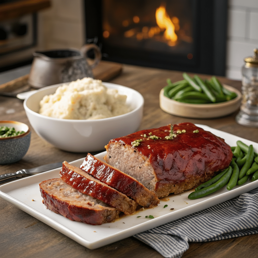 Classic Meatloaf: The Best Homemade recipe 1 Classic homemade meatloaf sliced on a plate with mashed potatoes and green beans.