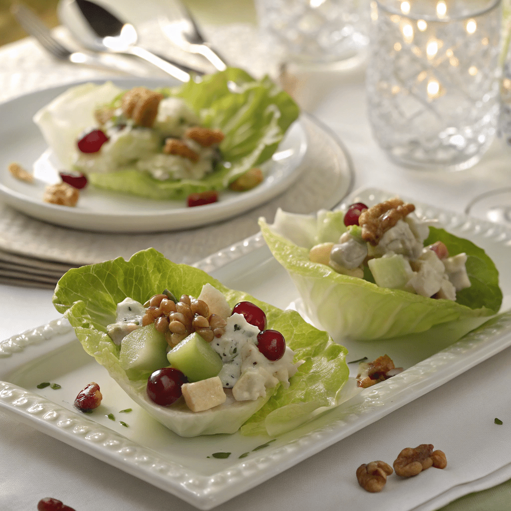 A gourmet Waldorf Salad served in a lettuce cup.