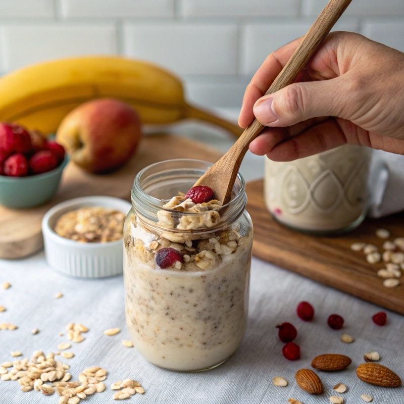 8 Overnight Oats Recipe: Easy, Healthy, and Perfect for Meal Prep 4 a hand stirring overnight oats mixture in a glass 1 - 8 Overnight Oats Recipe: Easy, Healthy, and Perfect for Meal Prep