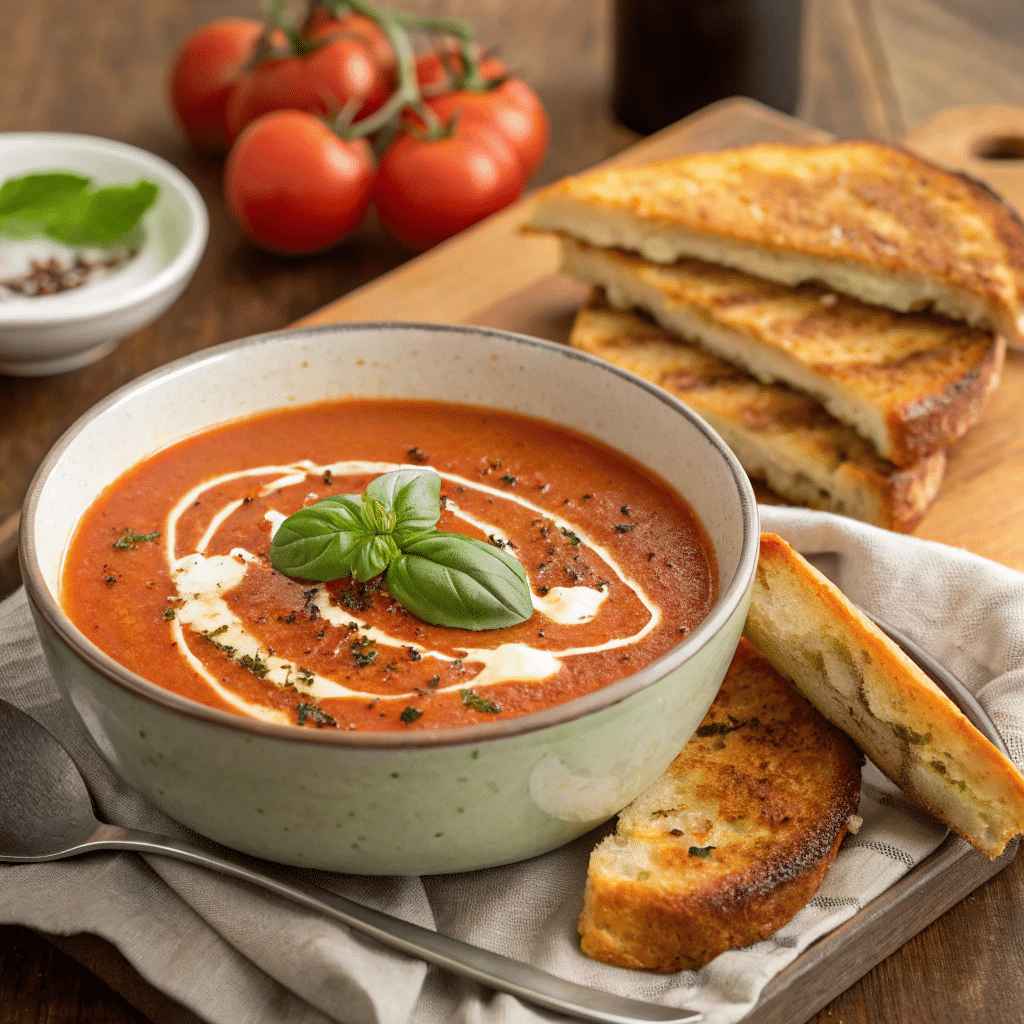A bowl of tomato basil soup with a side of grilled cheese on a wooden table.