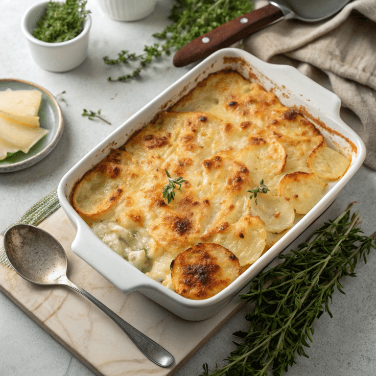 A golden, cheesy potatoes gratin in a baking dish with a crispy top.