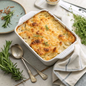 Cheesy Potatoes Gratin: The Ultimate Comfort Food Guide 2 A golden, cheesy potatoes gratin in a baking dish with a crispy top.