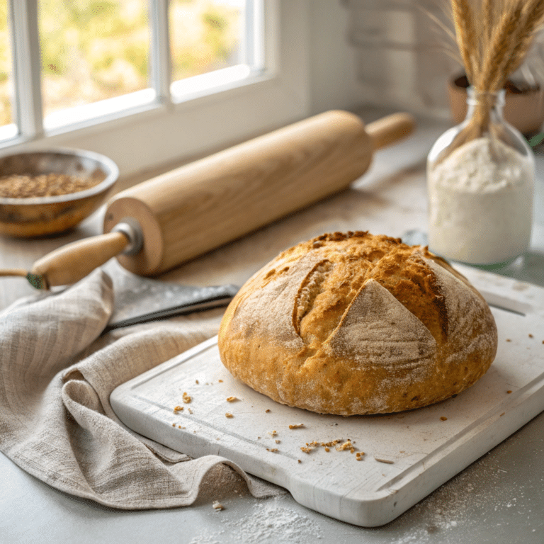 Freshly baked homemade bread on a wooden table