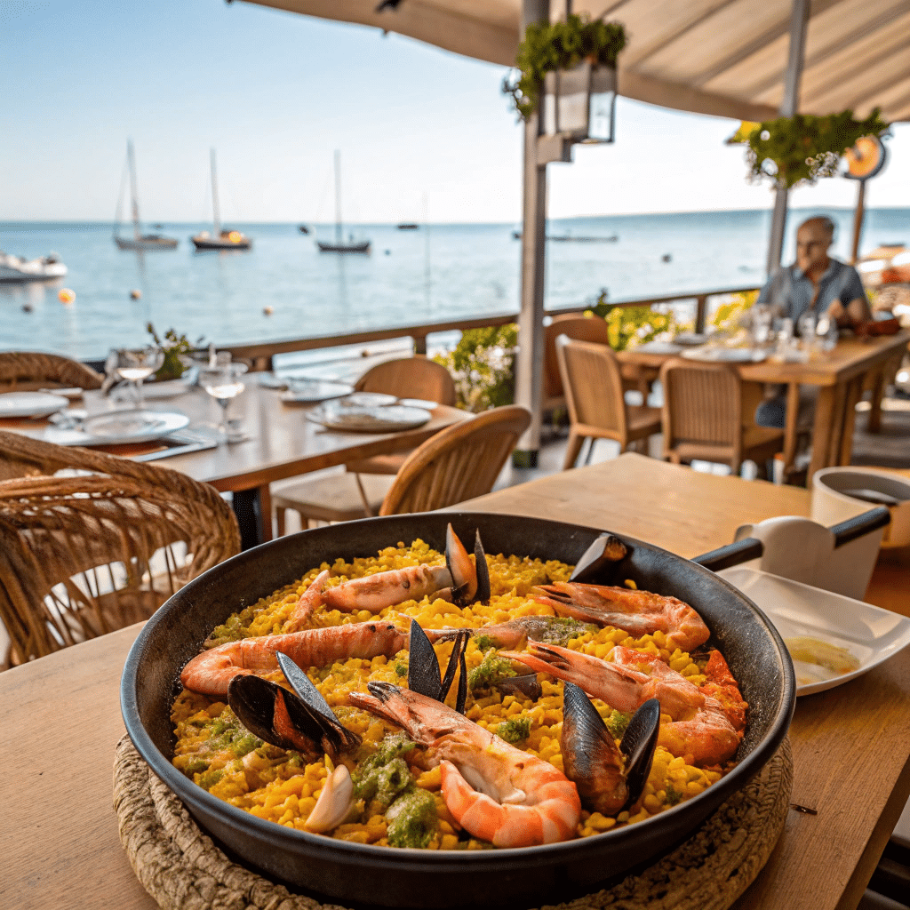 Paella - A Culinary Treasure of Spain 4 A steaming plate of seafood paella served at a traditional Spanish restaurant.