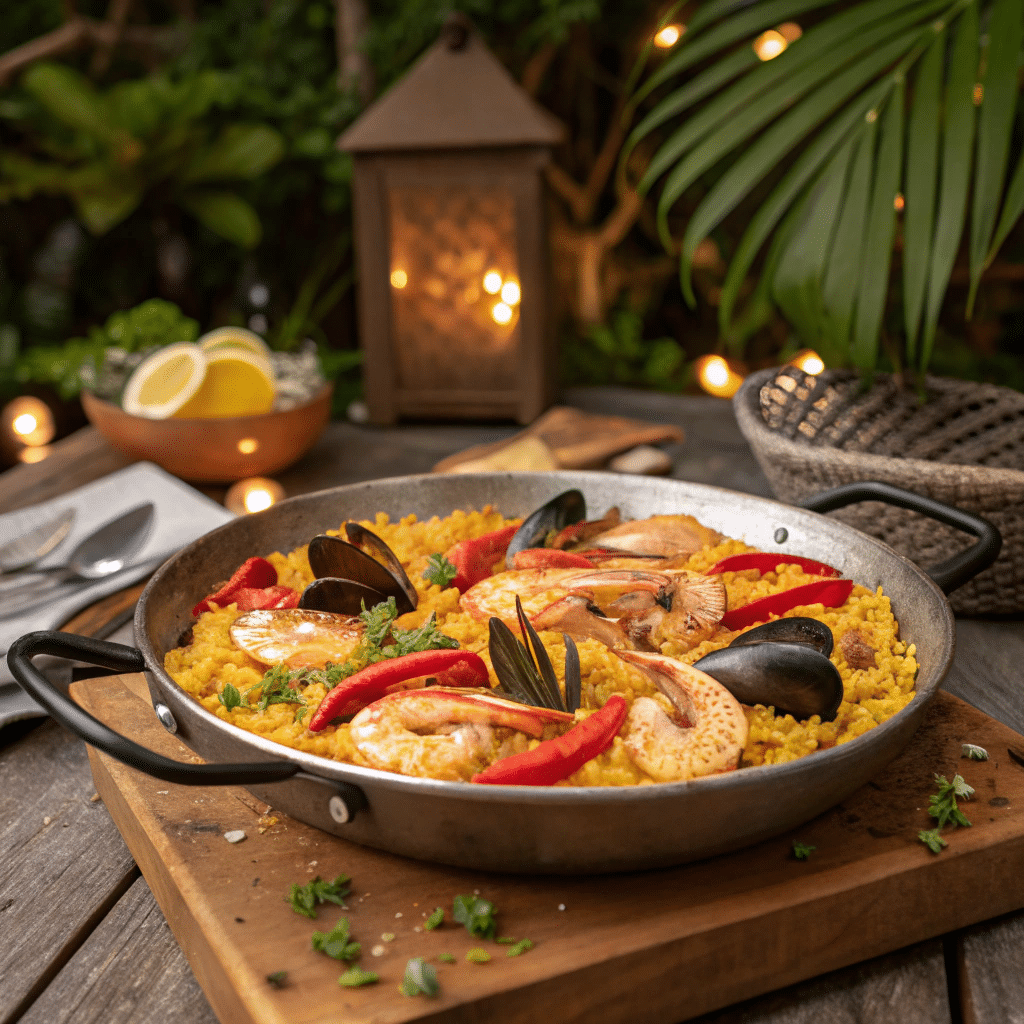 Paella - A Culinary Treasure of Spain 5 A traditional Spanish paella with seafood, saffron rice, and bell peppers served in a paella pan.