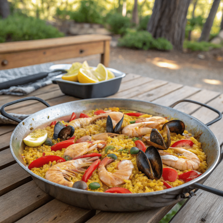 A traditional Spanish paella in a large pan with seafood and saffron-infused rice.