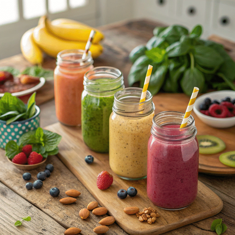 A colorful variety of smoothies in glass jars with fresh fruits and vegetables.