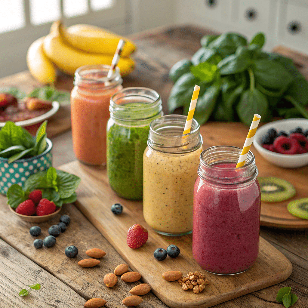 4 Smoothies: The Ultimate Guide to Healthy and Delicious Blends 1 A colorful variety of smoothies in glass jars with fresh fruits and vegetables.