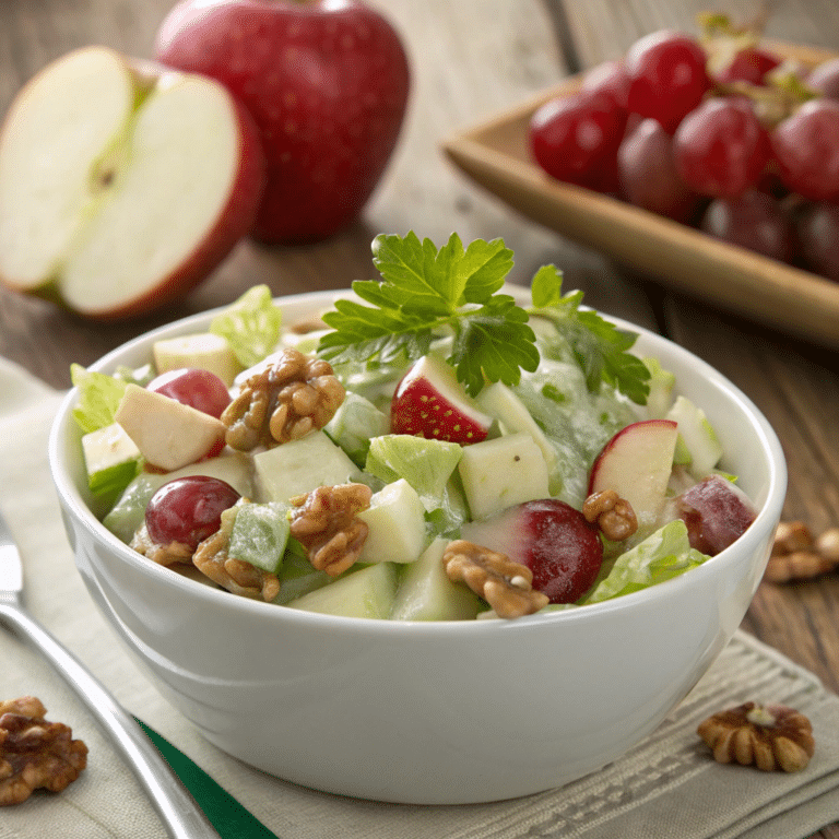 A classic Waldorf Salad with apples, grapes, walnuts, and creamy dressing.