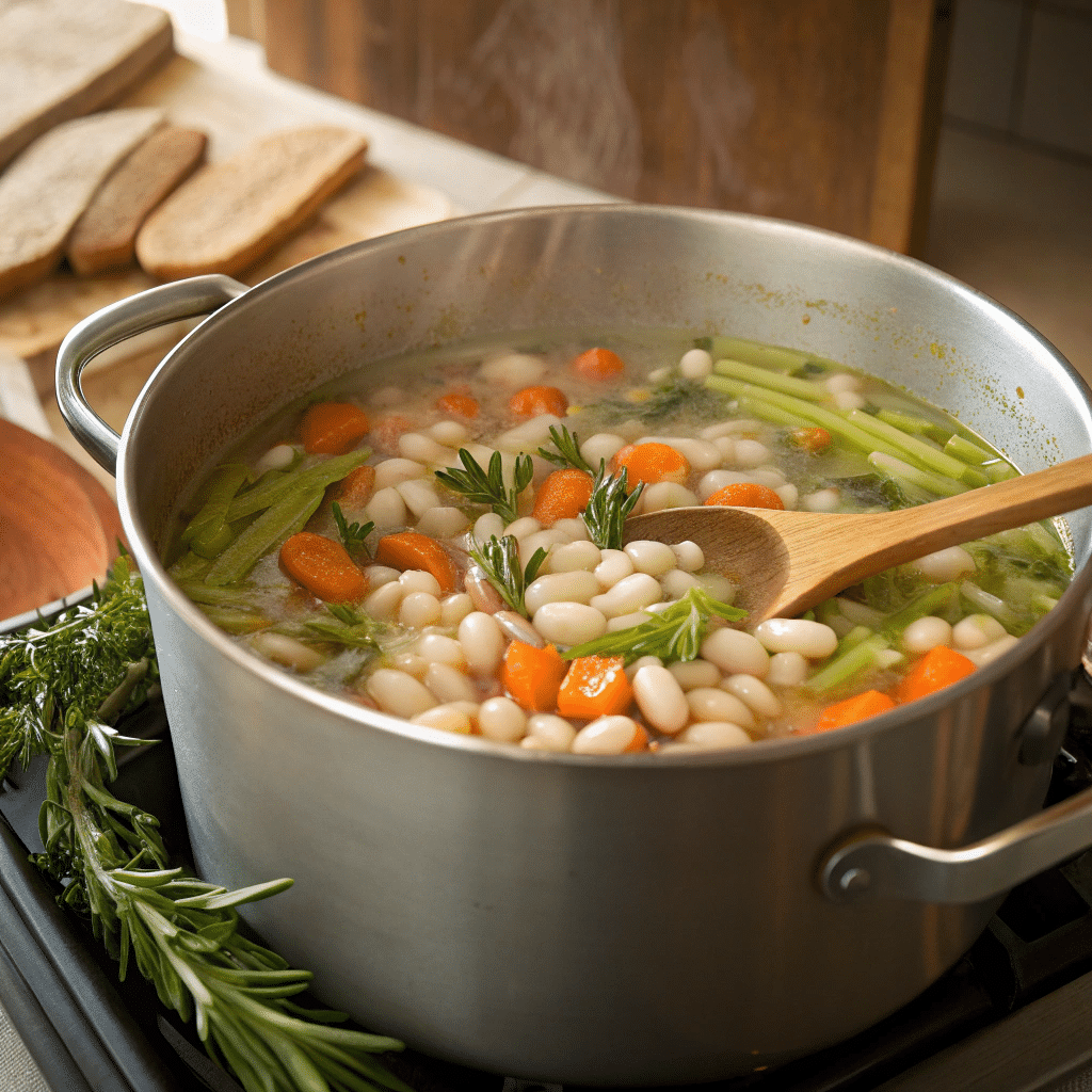 Tuscan White Bean Soup: A perfect and Flavorful Italian Classic 4 A large pot of Tuscan White Bean Soup simmering on the stove.