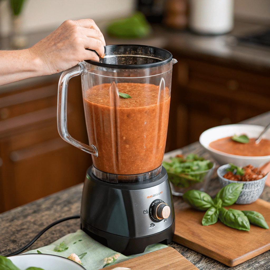 A high-speed blender filled with smooth, creamy tomato basil soup