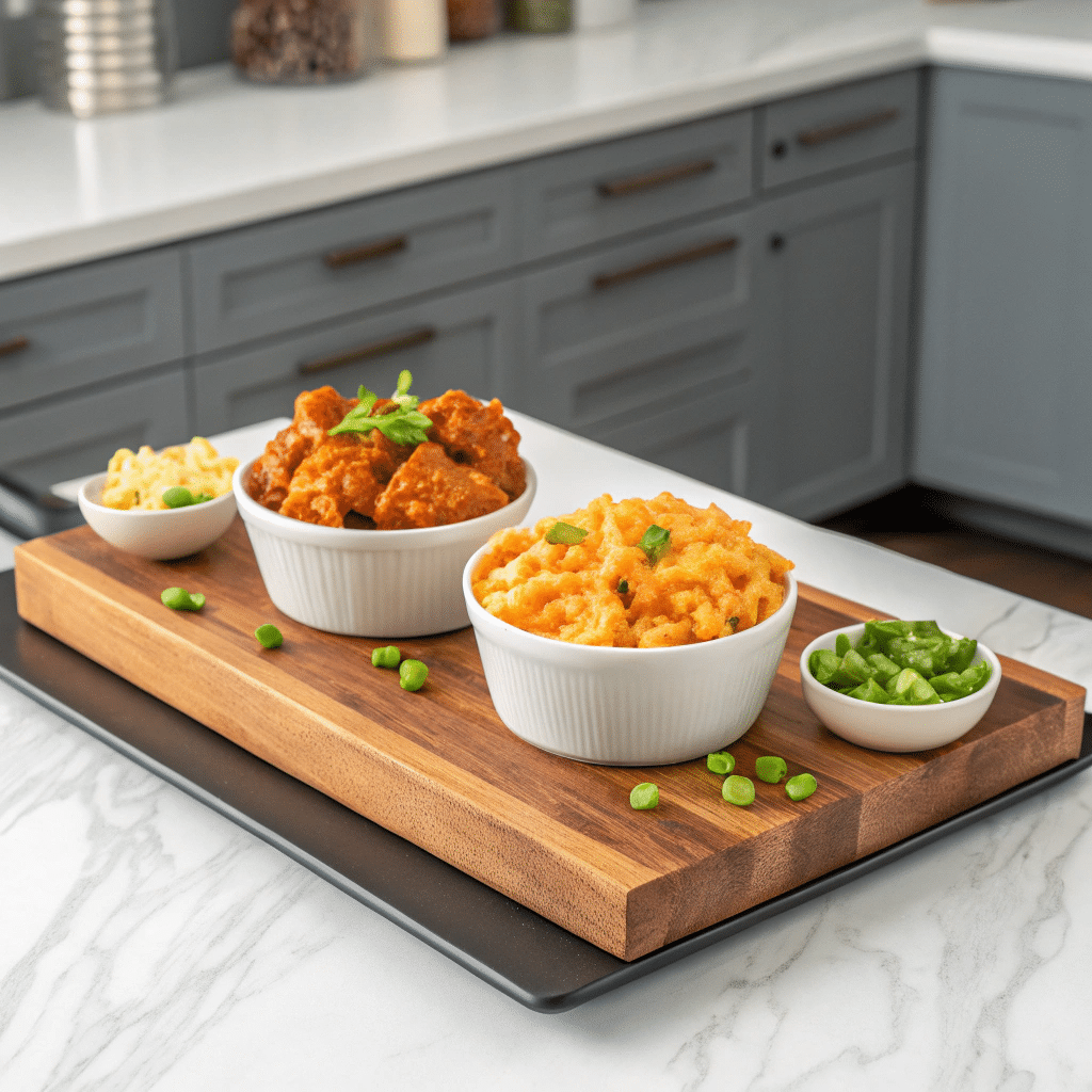 The best Homemade Mac and Cheese 6 A platter showcasing different mac and cheese variations, including classic and buffalo chicken.