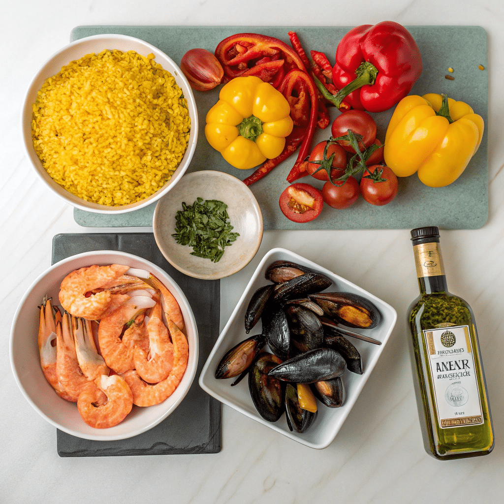 Paella - A Culinary Treasure of Spain 3 Fresh ingredients for making paella, including saffron, rice, seafood, and vegetables.