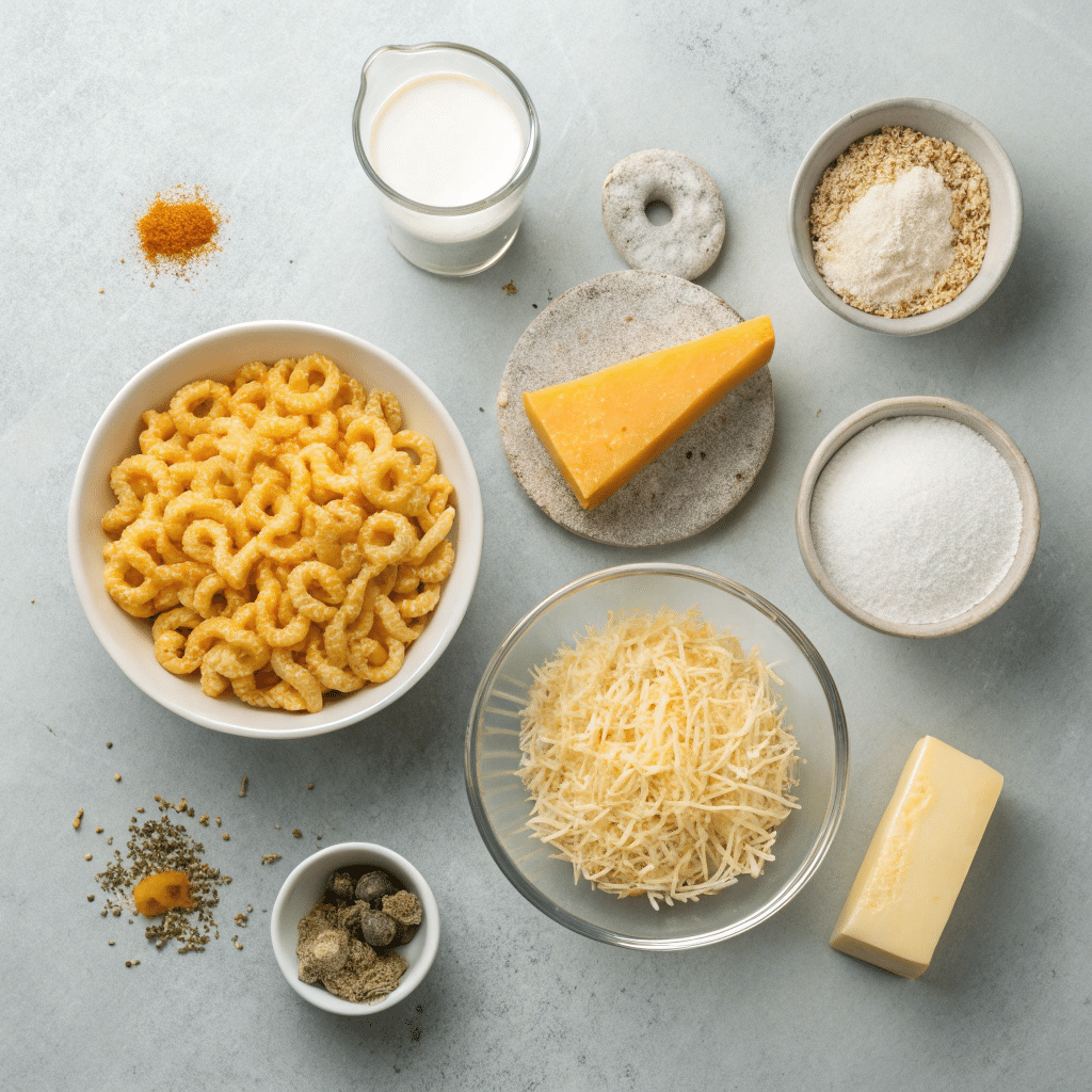 The best Homemade Mac and Cheese 3 A flat lay of ingredients including pasta, cheese, butter, milk, and seasonings.