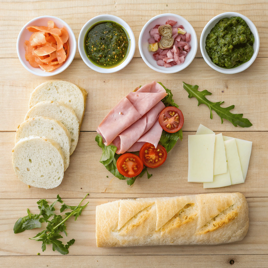 A flat lay of fresh panini ingredients, including bread, cheese, meats, and vegetables.