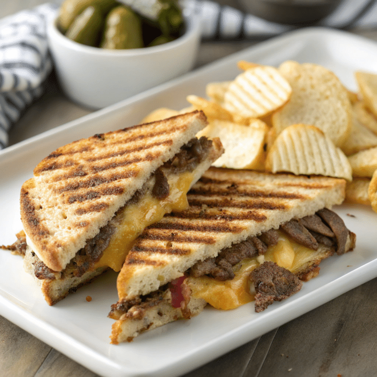 Crispy, golden-brown panini with melted cheese and ham on a wooden plate.