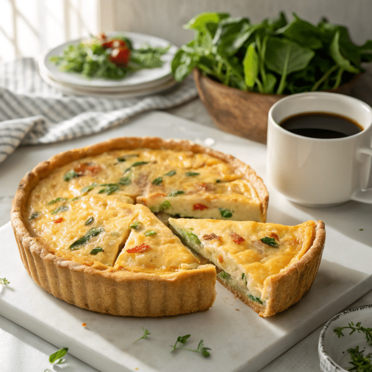A freshly baked quiche with golden crust and creamy filling, sliced to reveal layers of cheese, eggs, and vegetables.