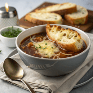 The 6 best French Onion Soup Recipe 2 A bowl of Asian Chicken Cranberry Salad with fresh greens, cranberries, nuts, and sesame dressing.