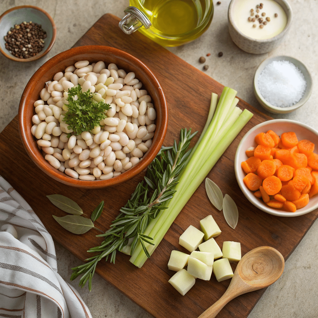 Tuscan White Bean Soup: A perfect and Flavorful Italian Classic 3 Fresh ingredients for Tuscan White Bean Soup, including white beans, garlic, carrots, and herbs.