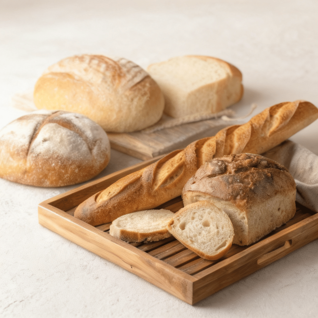 8 Bread: The best Guide to Baking Perfect Bread at Home 3 Variety of homemade bread loaves on a wooden tray