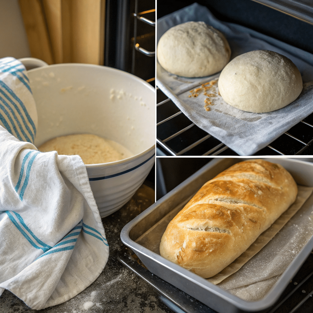 8 Bread: The best Guide to Baking Perfect Bread at Home 6 A step-by-step visual of bread dough rising, being shaped, and baking in the oven.