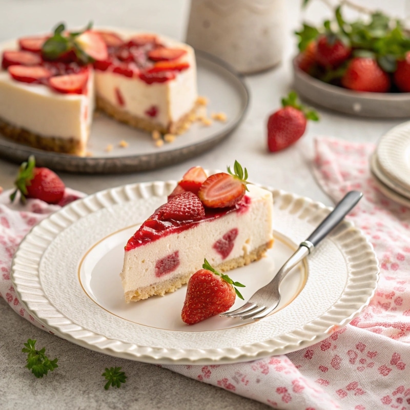serving-strawberry-cheesecake.jpg Slice of Strawberry Cheesecake with fresh strawberries