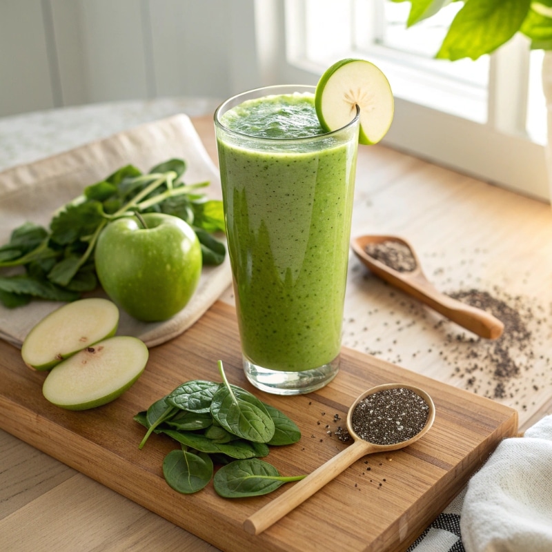 A Healthy Green Smoothie A glass of green smoothie with spinach and apple slices beside it.