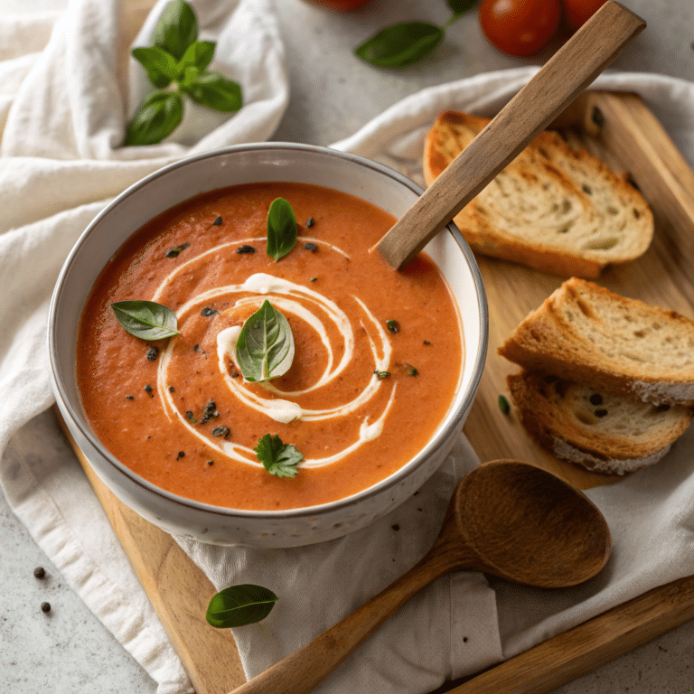 A bowl of creamy tomato basil soup garnished with fresh basil and a drizzle of cream.