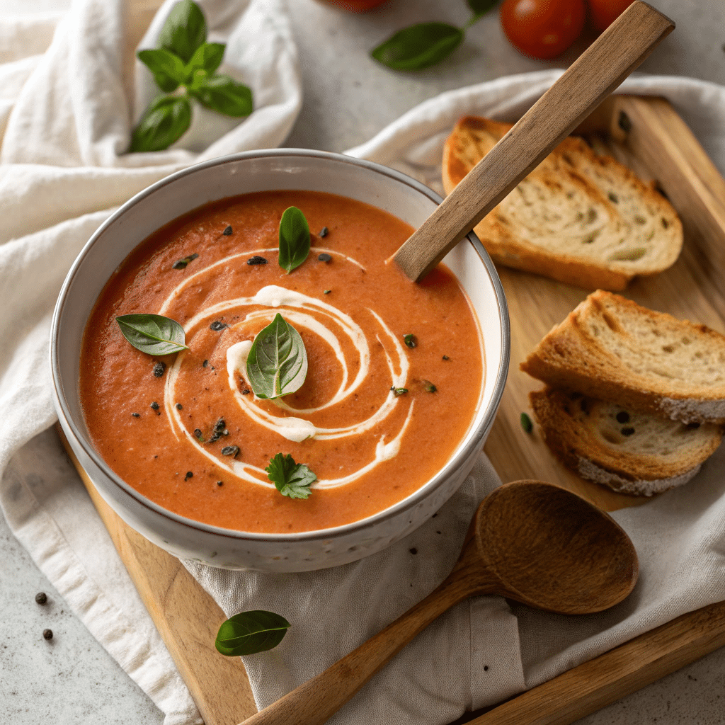 A bowl of creamy tomato basil soup garnished with fresh basil and a drizzle of cream.