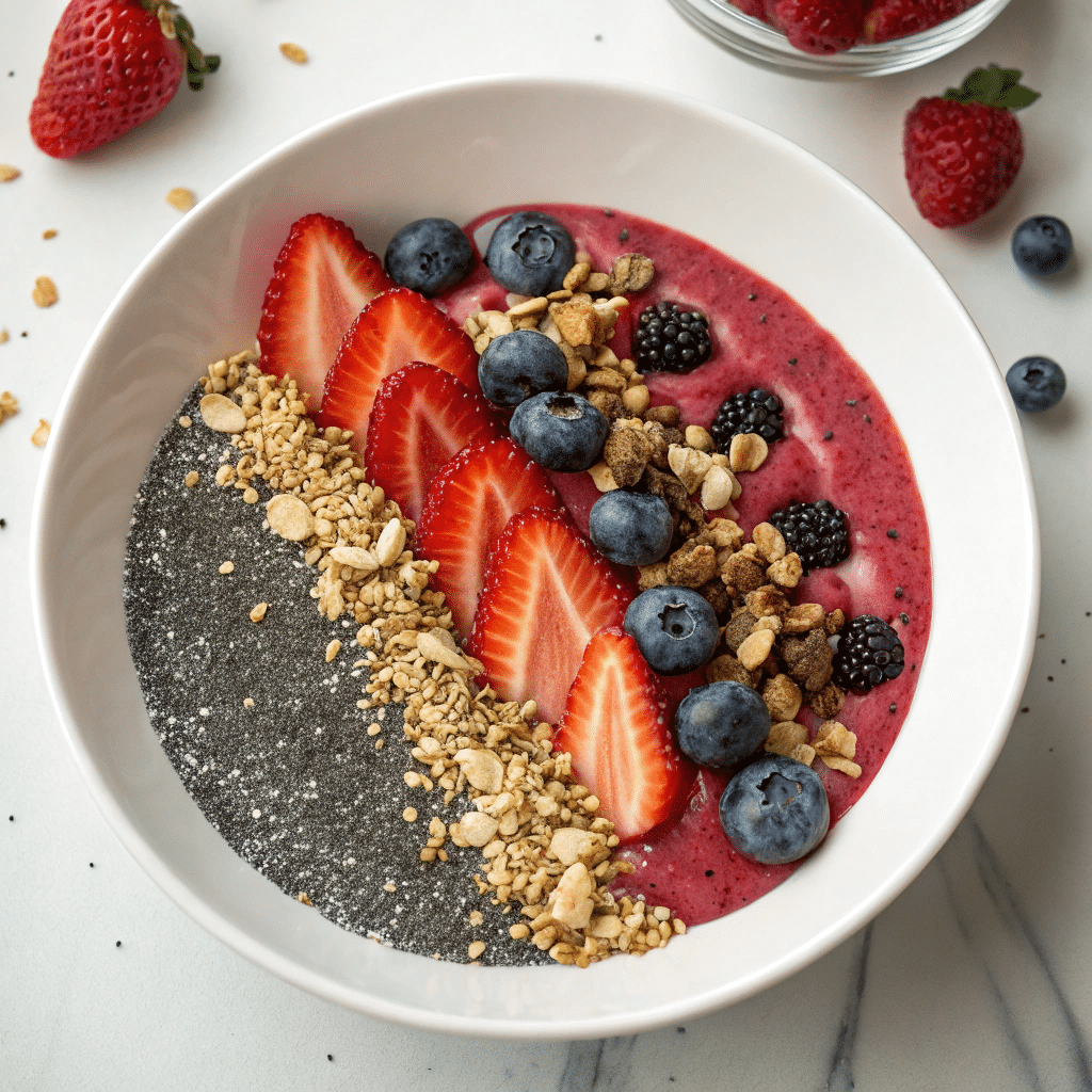 A delicious berry smoothie bowl topped with granola and coconut flakes.