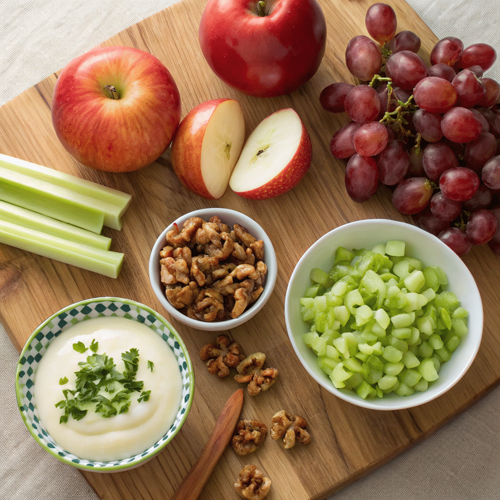 Fresh ingredients for Waldorf Salad, including apples, grapes, celery, and walnuts.