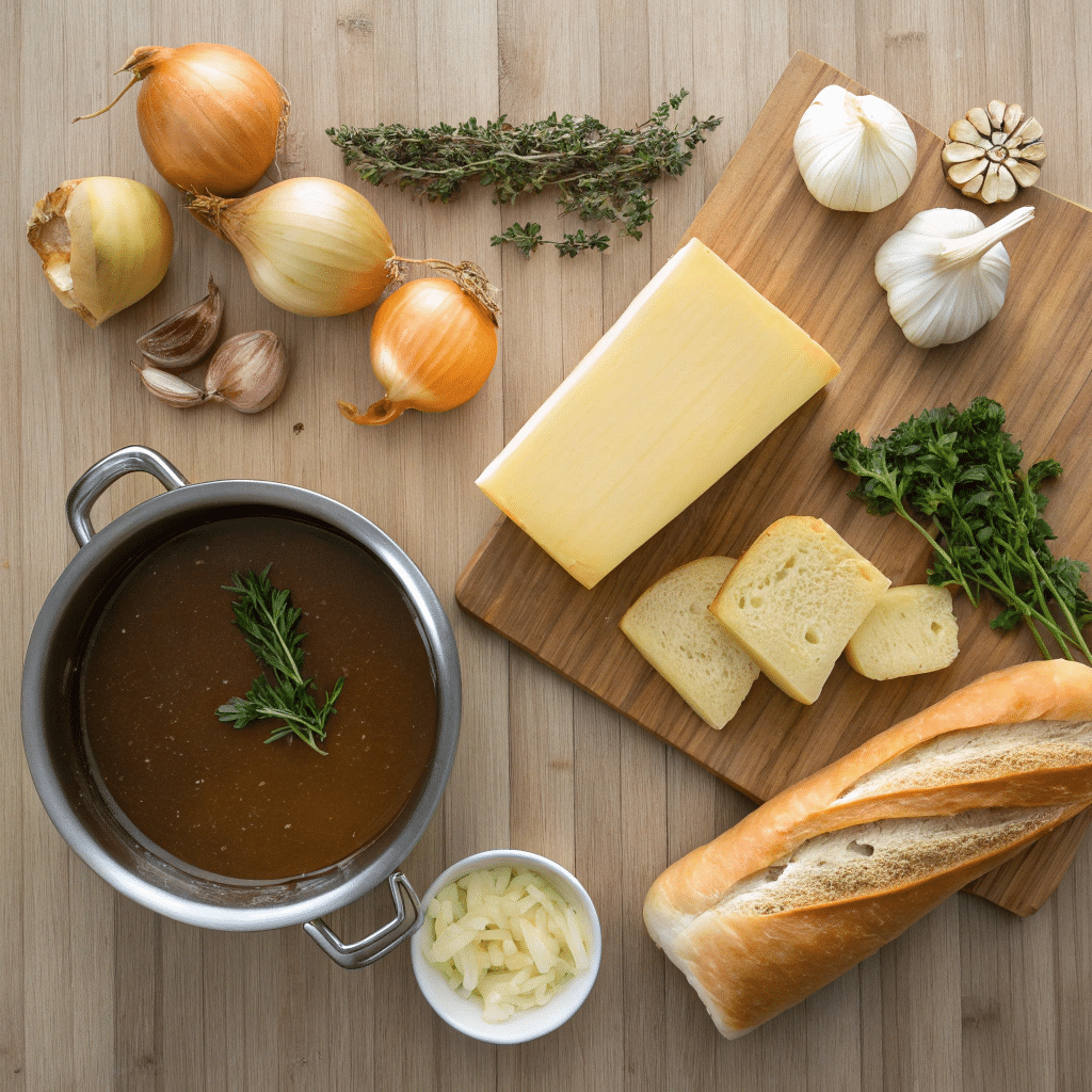The 6 best French Onion Soup Recipe 3 A flat lay of fresh onions, cheese, broth, and baguette slices on a wooden countertop.