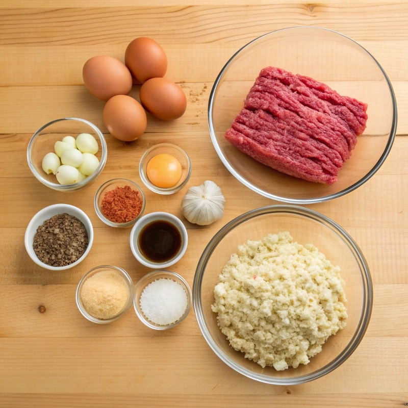Essential Ingredients for Classic Meatloaf Raw meatloaf ingredients including ground beef, breadcrumbs, eggs, and seasonings.