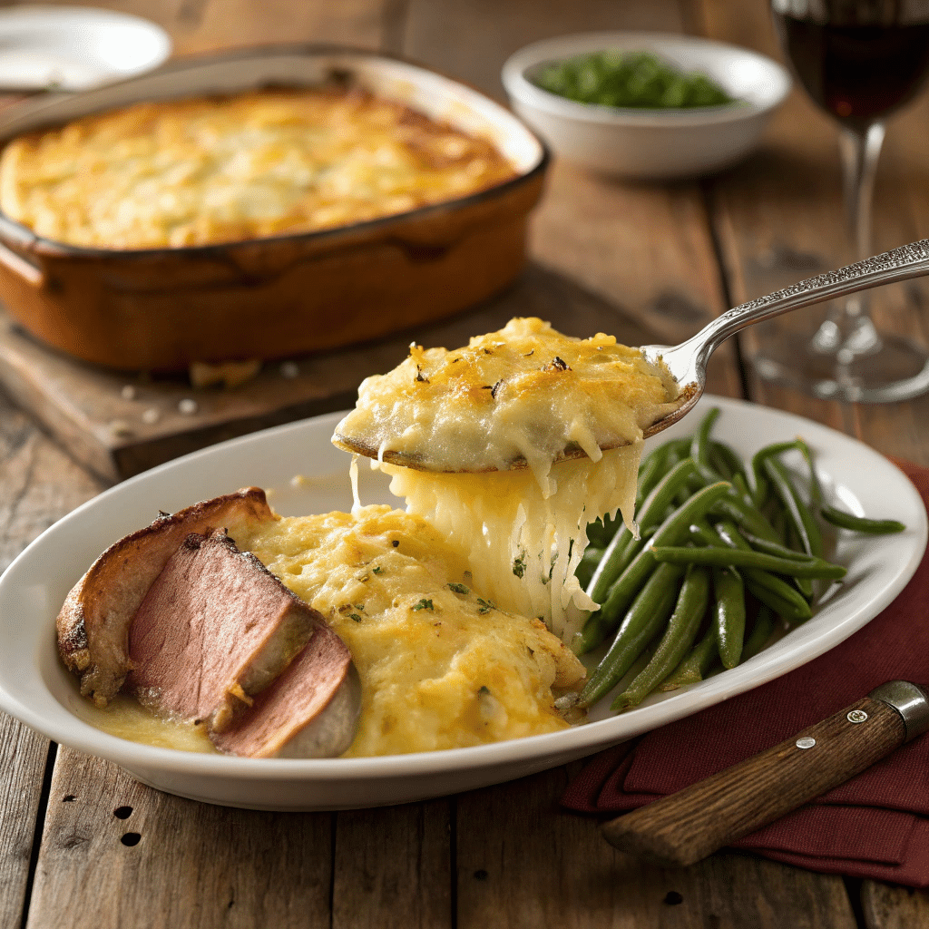 Cheesy Potatoes Gratin: The Ultimate Comfort Food Guide 6 A serving of cheesy potatoes gratin on a plate with roast beef and green beans.