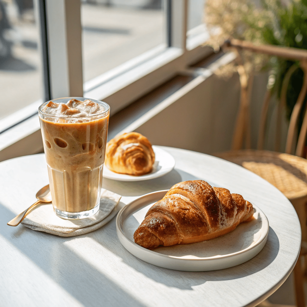 A glass of iced caramel macchiato served with a croissant on a wooden table.