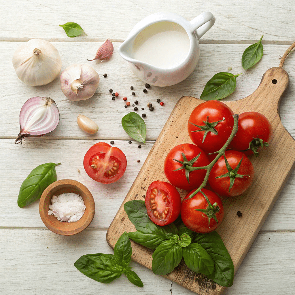 A bowl of creamy tomato basil soup garnished with fresh basil and a drizzle of cream.