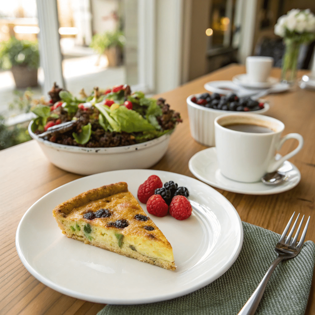 A full breakfast spread with a slice of quiche, fresh salad, fruit, and a cup of coffee.
