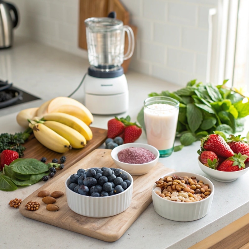 Essential Smoothie Ingredients Fresh smoothie ingredients including fruits, nuts, and protein sources.
