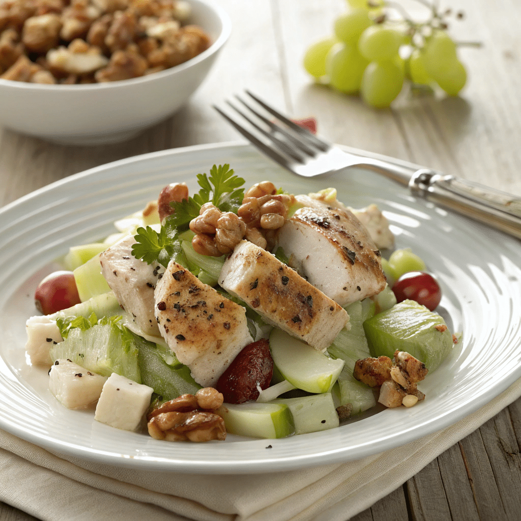 A protein-rich Chicken Waldorf Salad on a white plate.
