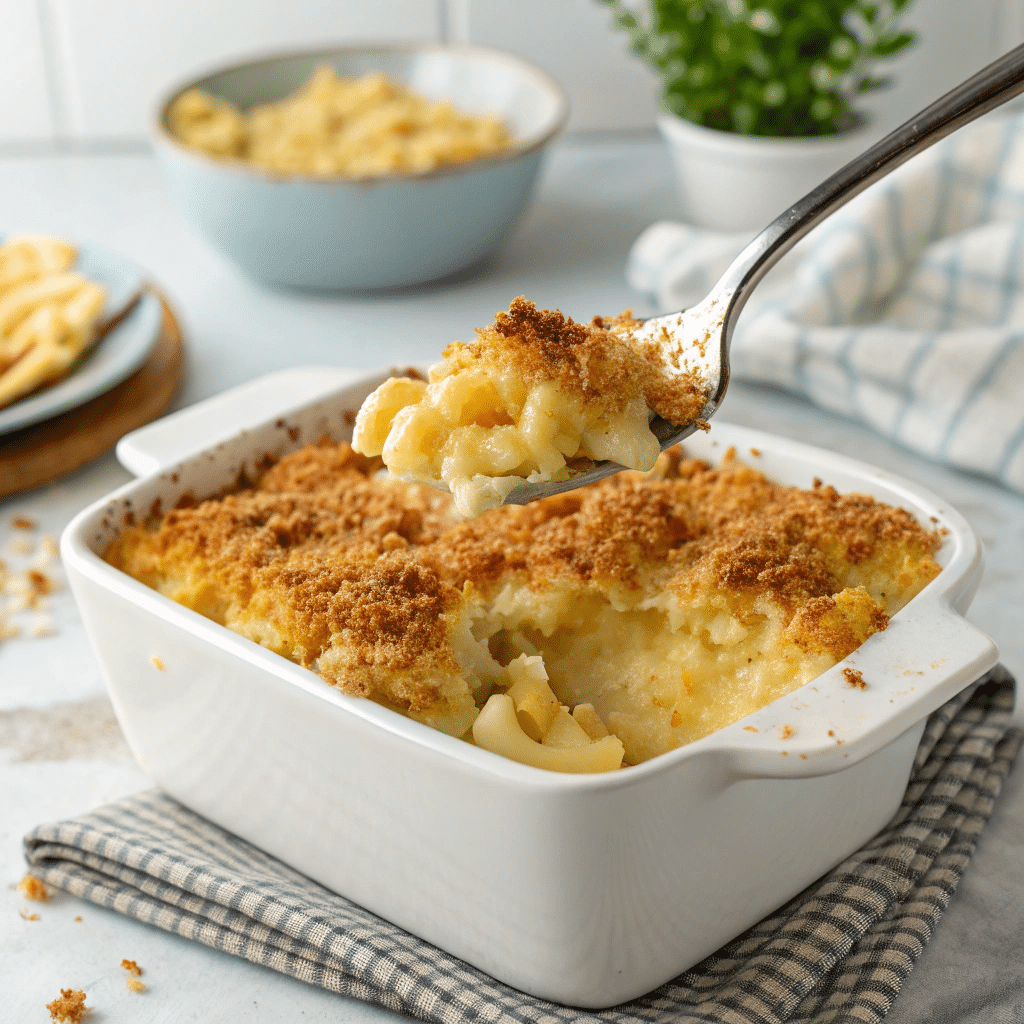 The best Homemade Mac and Cheese 5 A casserole dish with baked mac and cheese, golden brown and crispy on top.