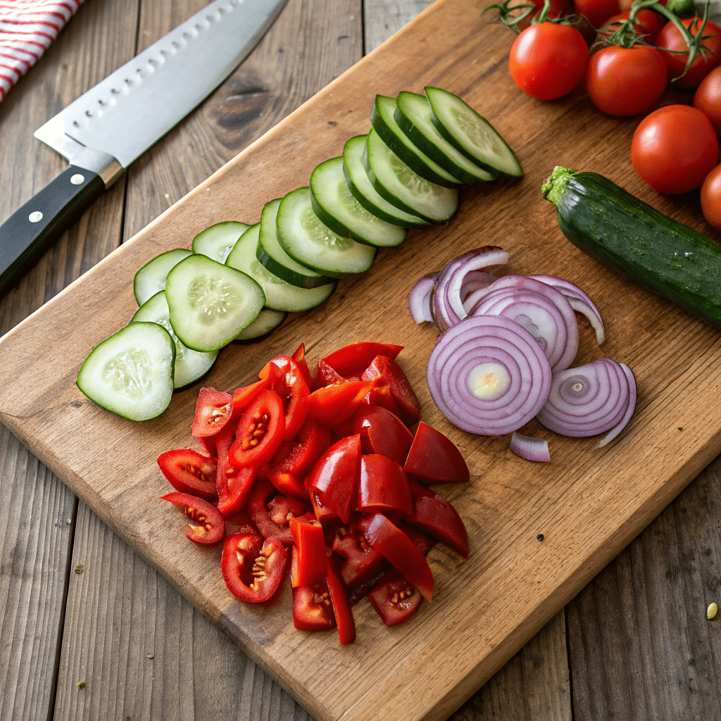 Freshly chopped cucumbers, tomatoes, onions, and bell peppers on a cutting board.