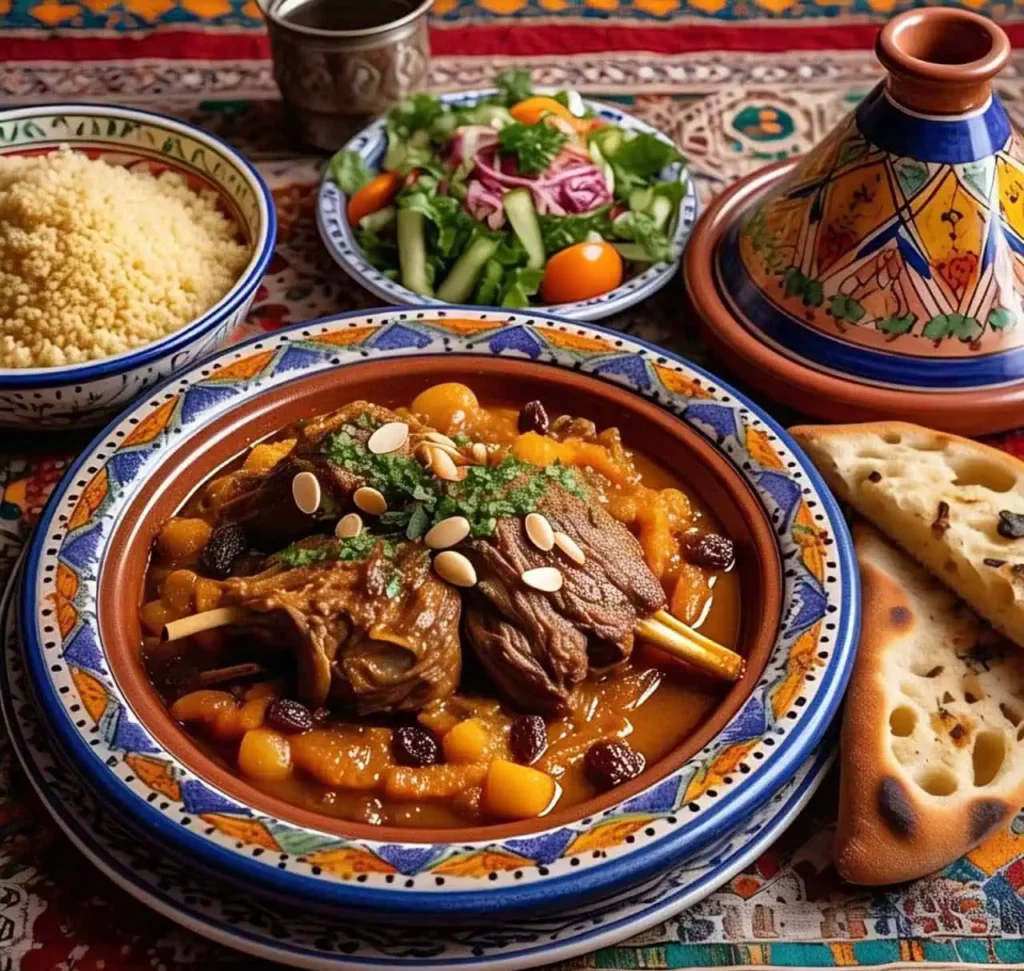 5 Moroccan Lamb Tagine: A perfect Guide to the Traditional Dish 5 Moroccan lamb tagine served with couscous, fresh salad, and Moroccan bread.