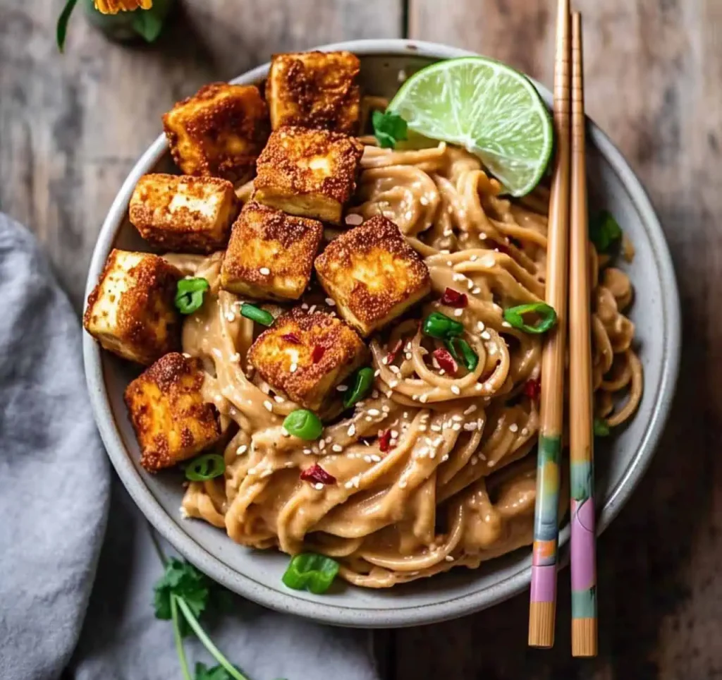 Peanut Lime Chicken with Noodles: A Flavorful and Easy Meal 4 A colorful plate of Peanut Lime Noodles with tofu instead of chicken.