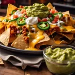 A plate of cheesy nachos topped with jalapeños, sour cream, and guacamole.